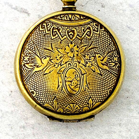 Antique Victorian Hand Engraved Birds Pinchbeck Gold Pocket Watch Locket Pendant - Picture 1 of 9